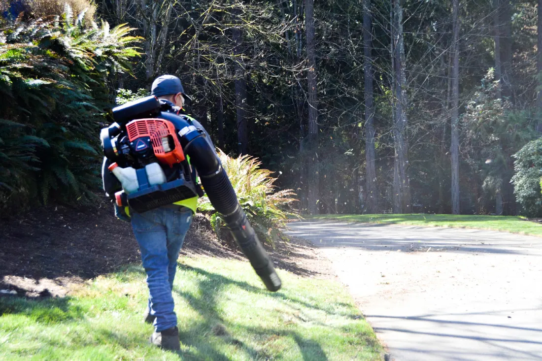 A Nasim Landscape team member using a leaf blower to clear debris from the lawn, showcasing the maintenance work at the Springwater HOA project.