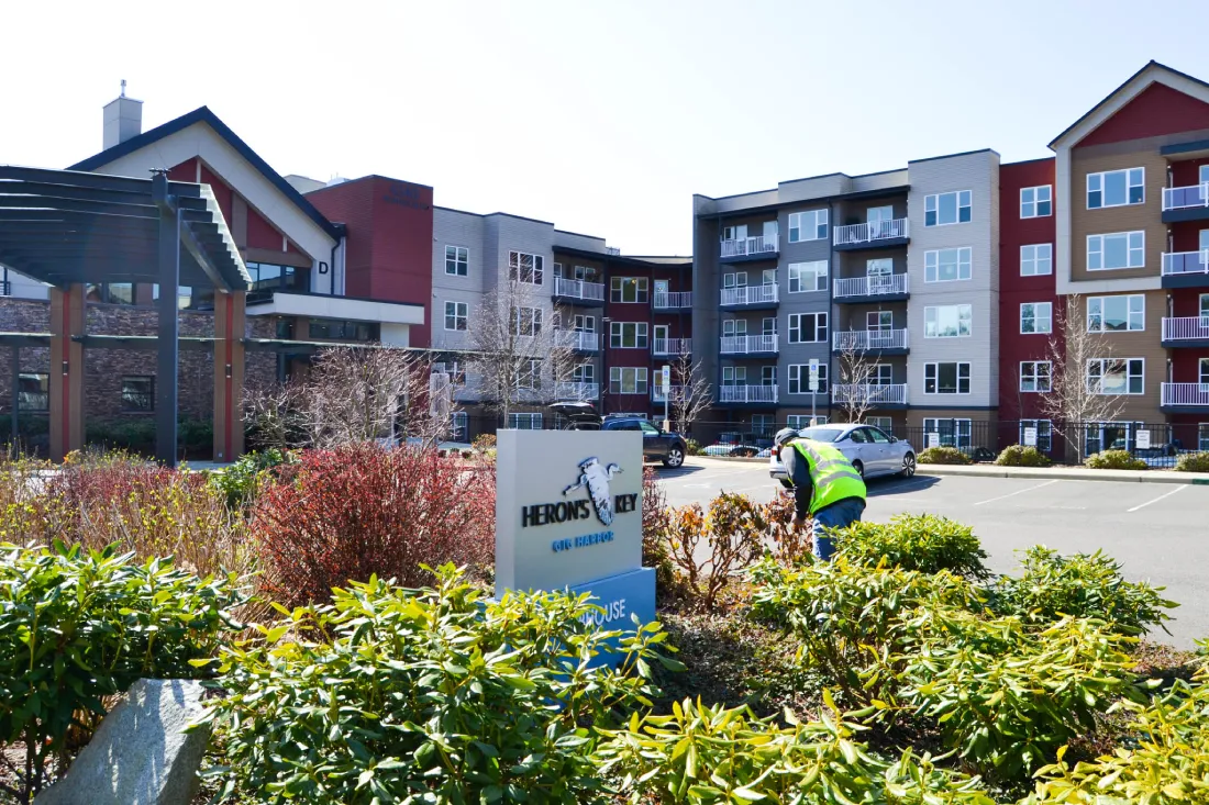 A view of the Heron's Key senior living community in Gig Harbor, WA, showcasing well-maintained landscaping with vibrant shrubs and greenery in front of residential buildings.