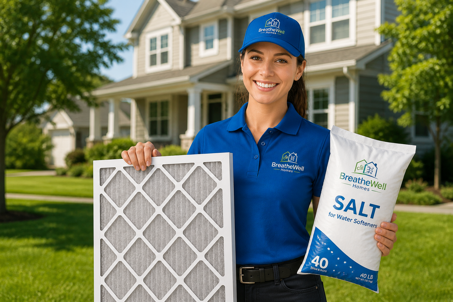 BreatheWell technician holding HVAC filter and salt bag