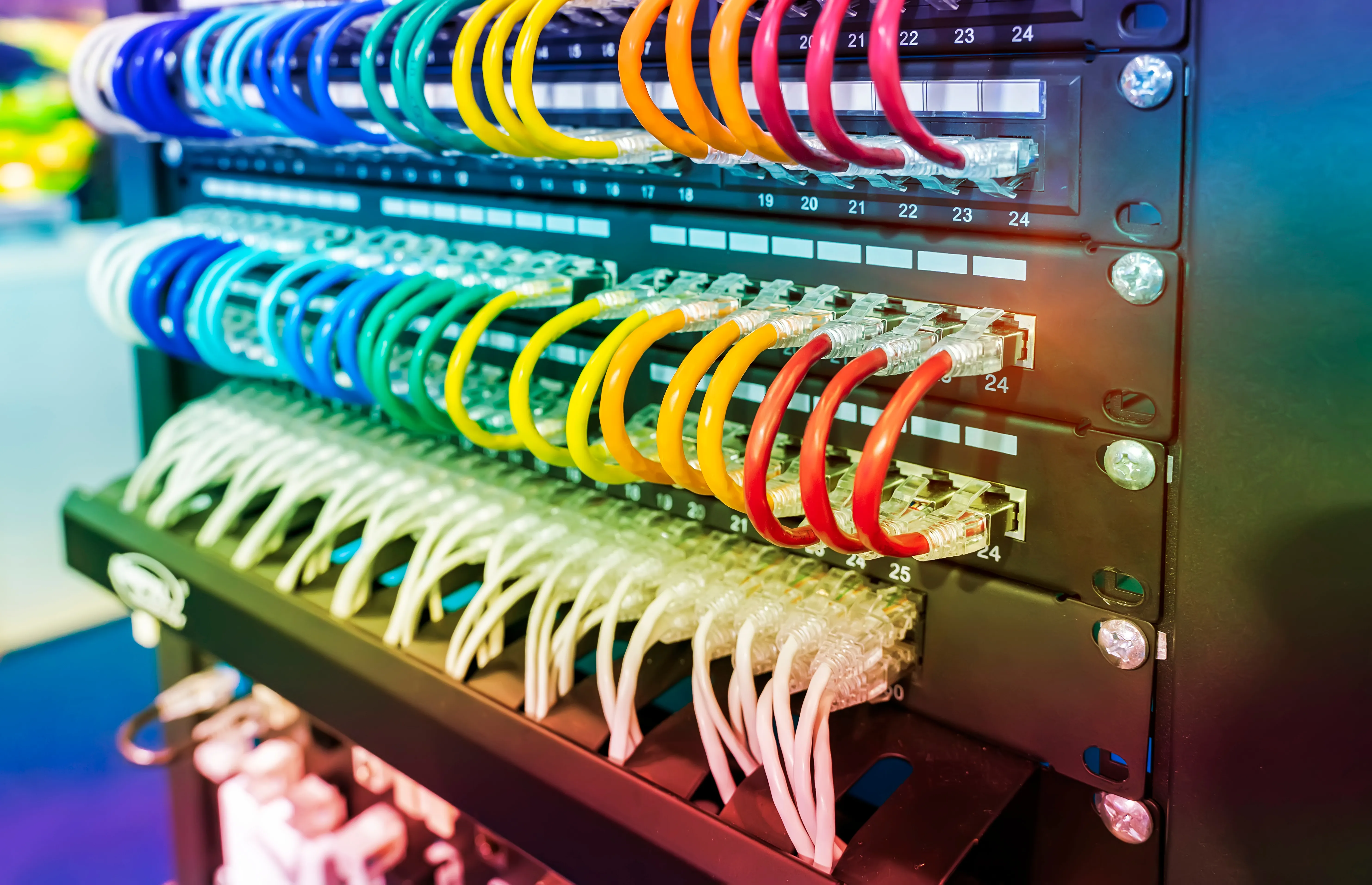 Color-coded Ethernet cables connected to network equipment in a rack
