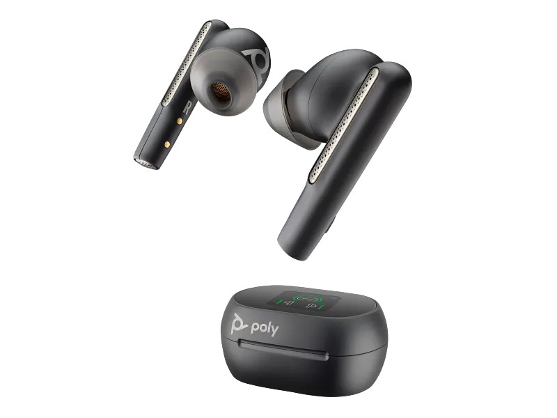 Poly Voyager Free 60+ UC carbon black earbuds and touchscreen charging case