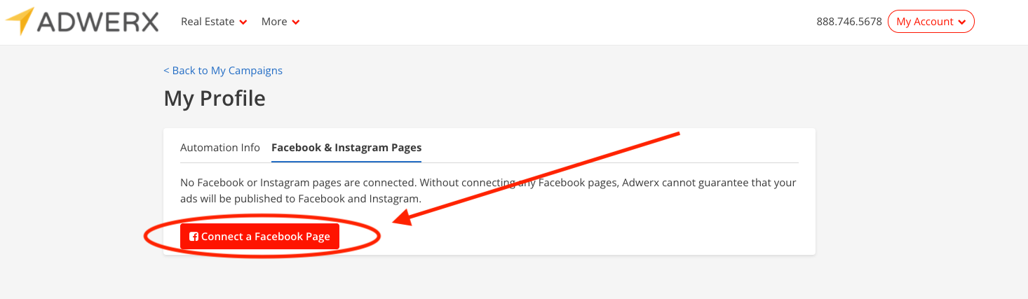 connect your facebook page button agent profile