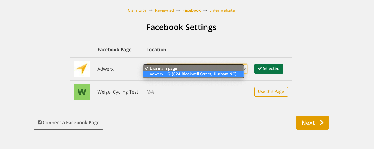 facebook list with location dropdown