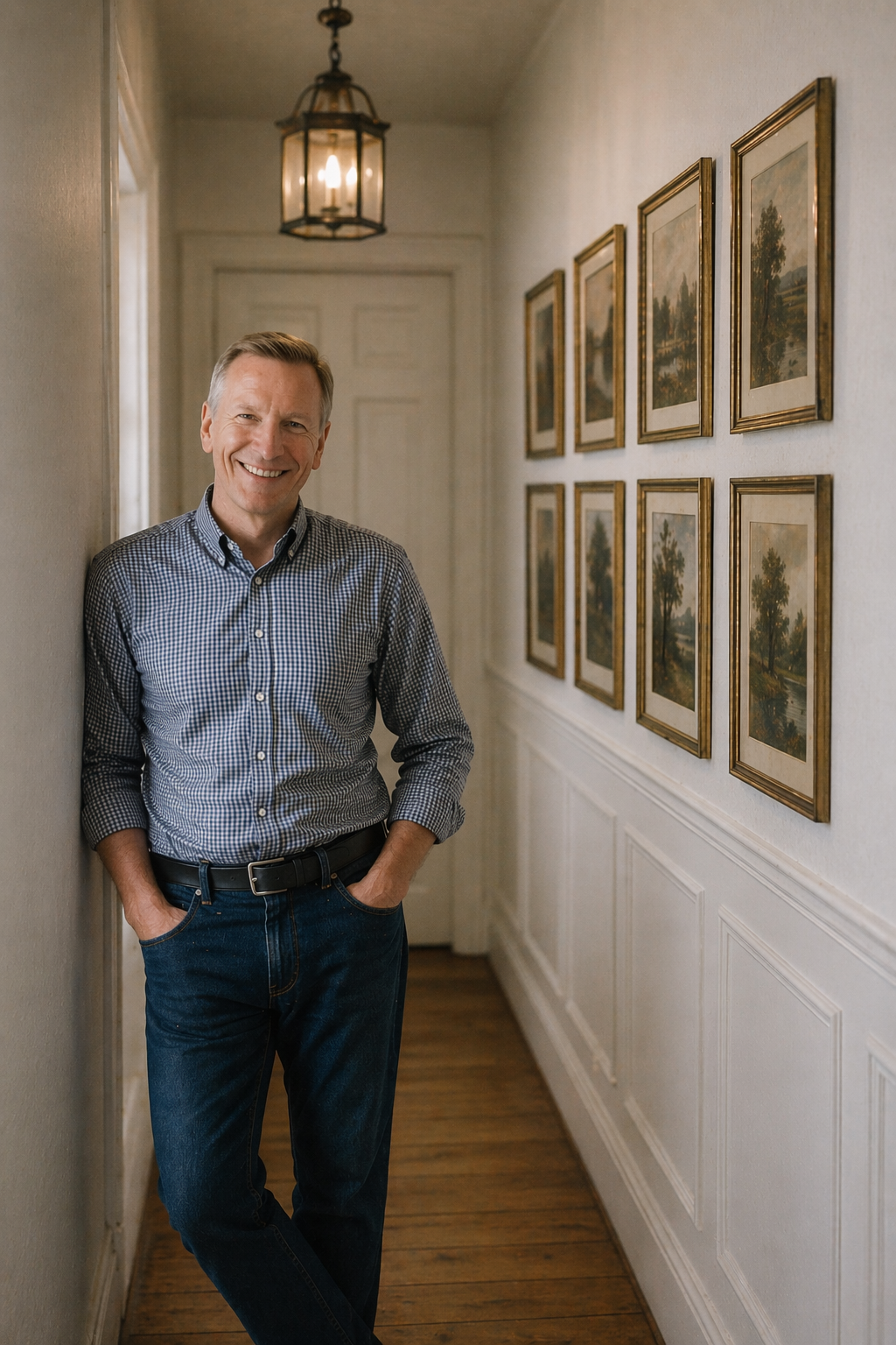 A middle-aged man with short, light brown hair and a friendly smile stands in a narrow hallway lined with framed artwork. He wears a blue and white checkered shirt and dark jeans, resting one hand on a large gold-framed floral still life painting leaning against the wall. The corridor is softly lit with white walls, a hanging bulb, and a gallery of classic picture frames.