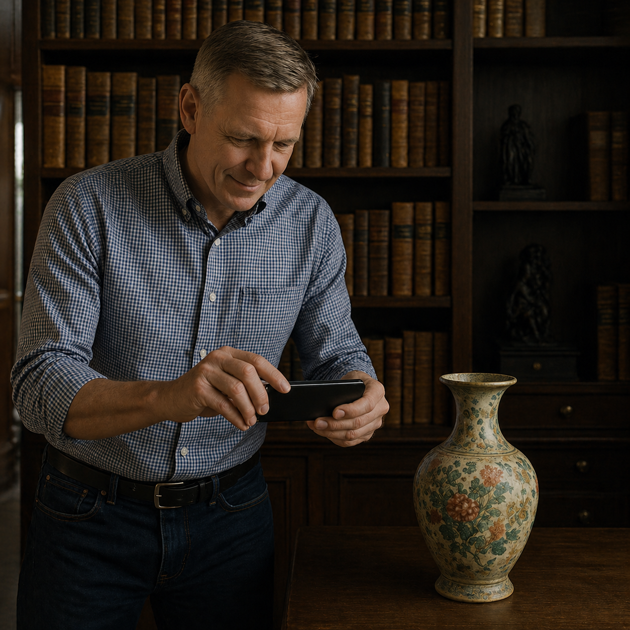 A middle-aged man with light brown hair in a checkered shirt and jeans stands in a warmly lit private library. He is slightly hunched over, using a smartphone to photograph a floral-patterned ceramic vase placed on a wooden table. Behind him are tall bookshelves filled with antique leather-bound books and decorative objects.