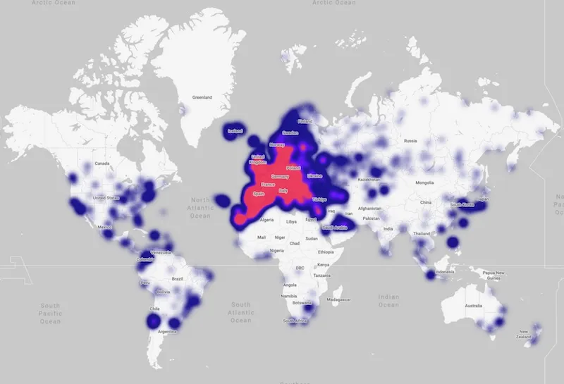 Heatmap representing come of Cities that were envolved in Sports and Spectators events managed using Virtual Venue
