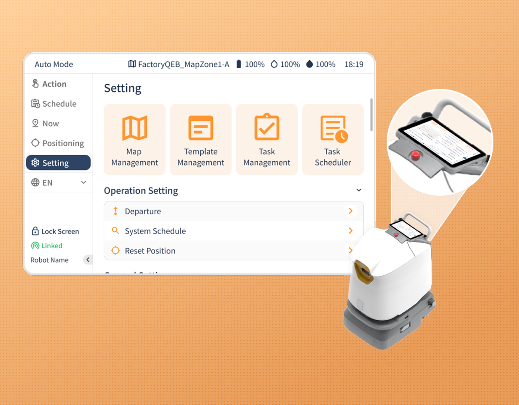 A cover image with the task management screen and a cleaning robot beside it to showcase the screen is integrated on the robot itself.