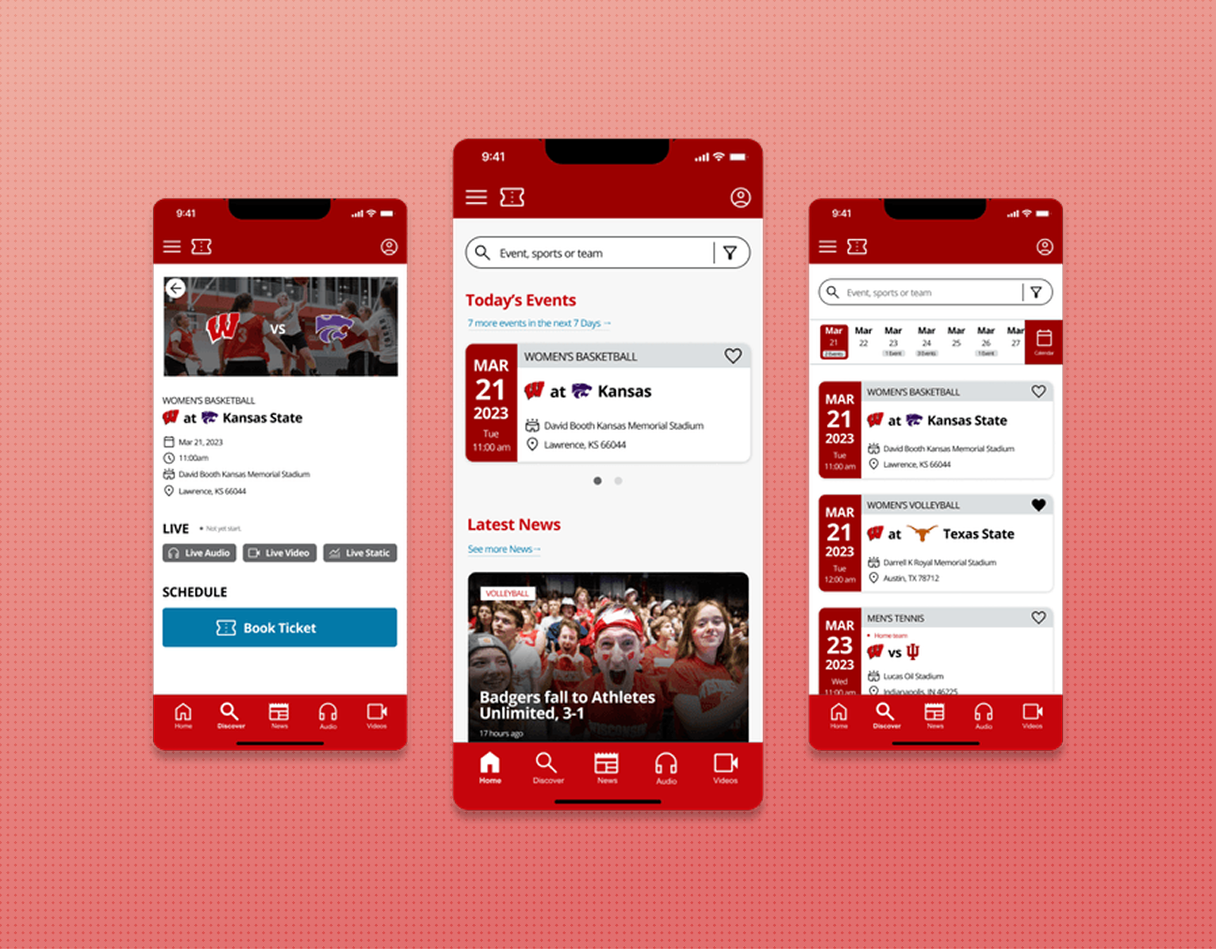 Three screens of the athletic app, including a home page, game detail page and schedule page.