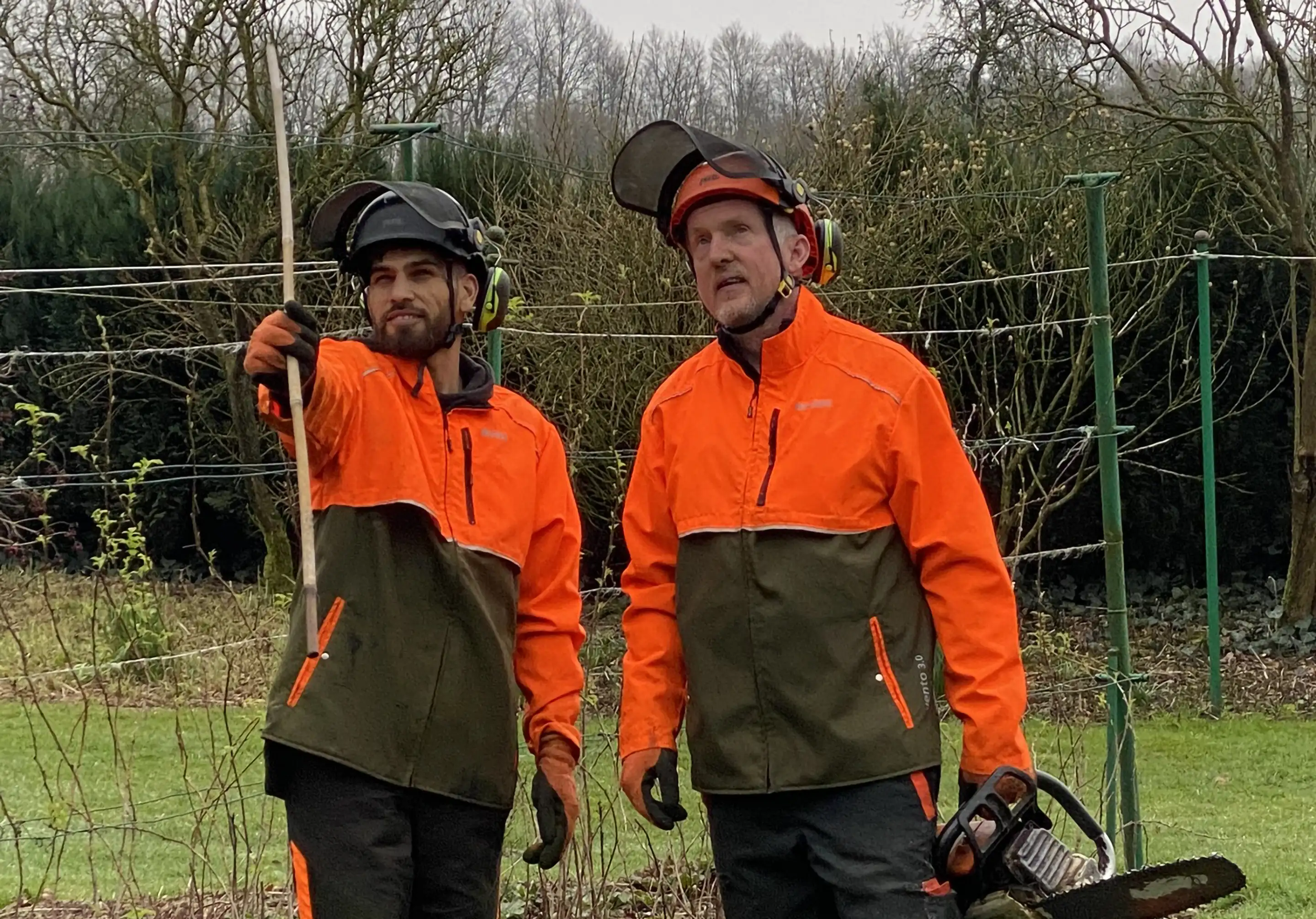 Zwei Baumpfleger in Schutzkleidung, einer hält eine Motorsäge, der andere zeigt auf einen Baum.