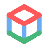 Abstract geometric cube composed of three thick lines forming an open 3D box shape with red, blue, and green colors.