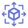 Blue cube icon with eight arrows pointing outward in all directions, symbolizing extension or expansion.
