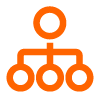 Orange organizational chart icon with one circle at the top connected to a horizontal line below, which branches down to four evenly spaced circles.
