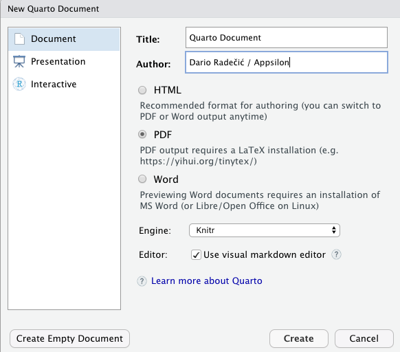 Image 22 - Creating a new R Quarto document