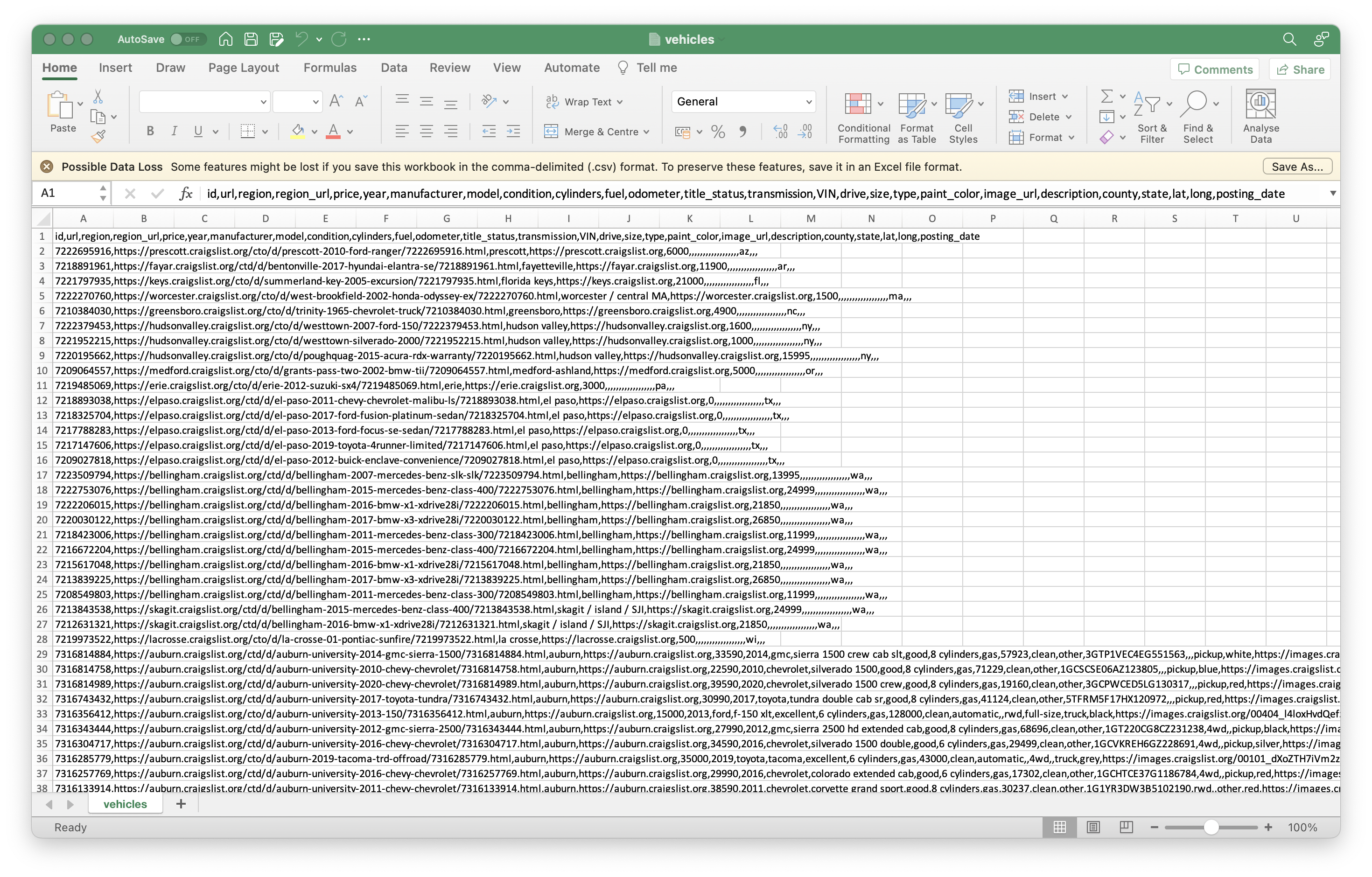 Image 1 - Vehicles dataset opened in Excel