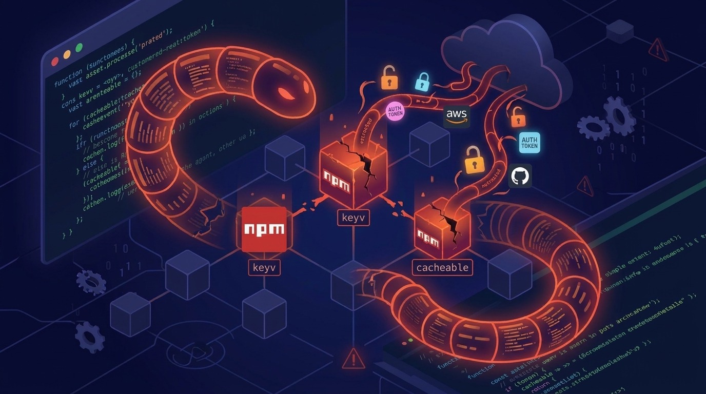 Illustration of the Shai-Hulud npm supply chain worm attacking keyv and cacheable packages, showing cracked npm cubes, stolen auth tokens flowing to AWS and GitHub, glowing code worms, and cloud infrastructure under threat