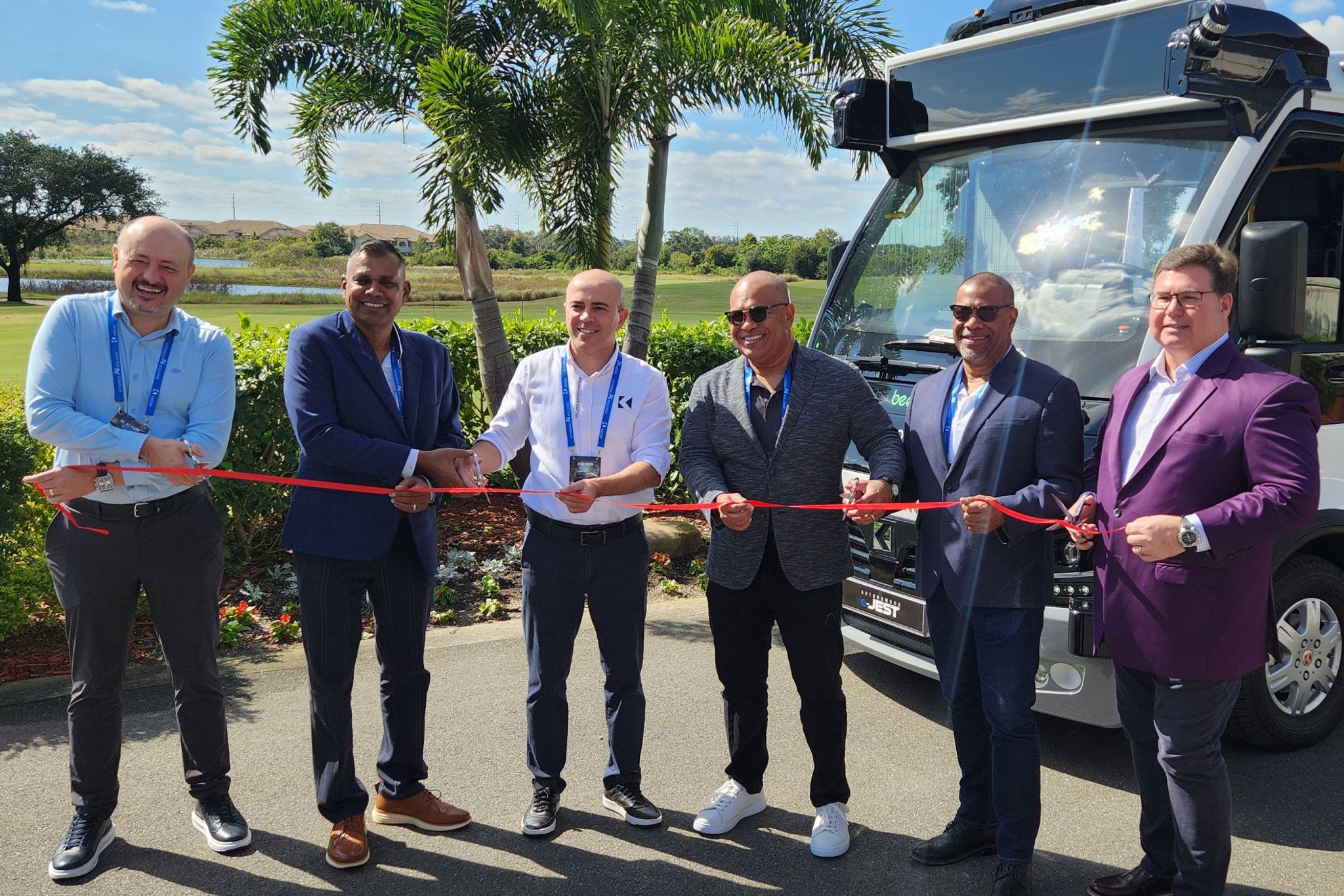 The Damera Corporation team with partners from Karsan, ADASTEC, and Beep at the FAV Summit 2025, celebrating the U.S. debut of the Autonomous eJEST. City of Altamonte Springs