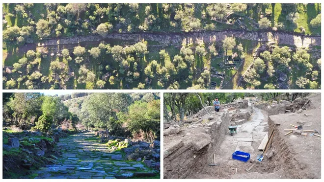 Manisa'da, 2 bin 700 yıllık geçmişe dayanan Aigai Antik Kenti'nde 800 metre uzunluğundaki 1900 yıllık antik yol ortaya çıkarıldı.