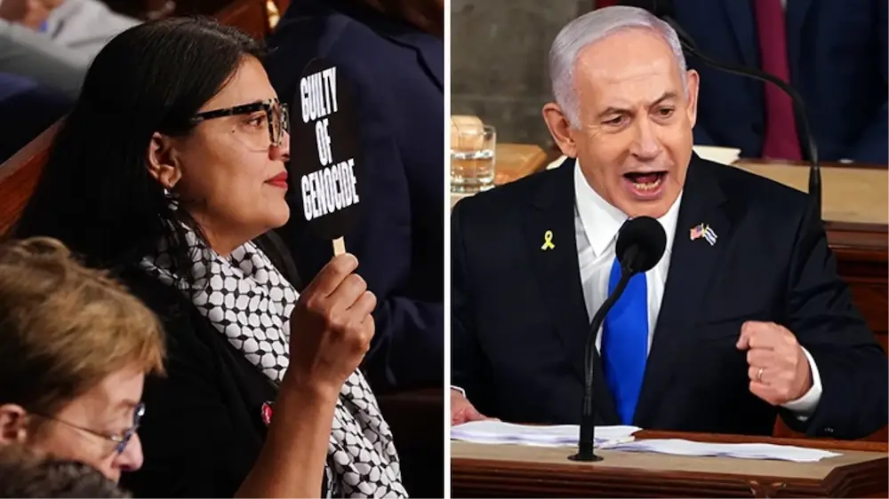 ABD Temsilciler Meclisinin Müslüman kadın üyesi Rashida Tlaib, İsrail Başbakanı Binyamin Netanyahu Kongre'de konuşurken, kefiye giyip ''Soykırım Suçlusu'' yazıl