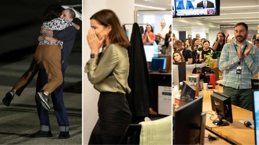 Rusya'da tutuklu bulunan Wall Street Journal muhabiri Evan Gershkovich'in ülkesine iade edildiğini öğrenen gazeteci arkadaşları sevinç gözyaşları döktü