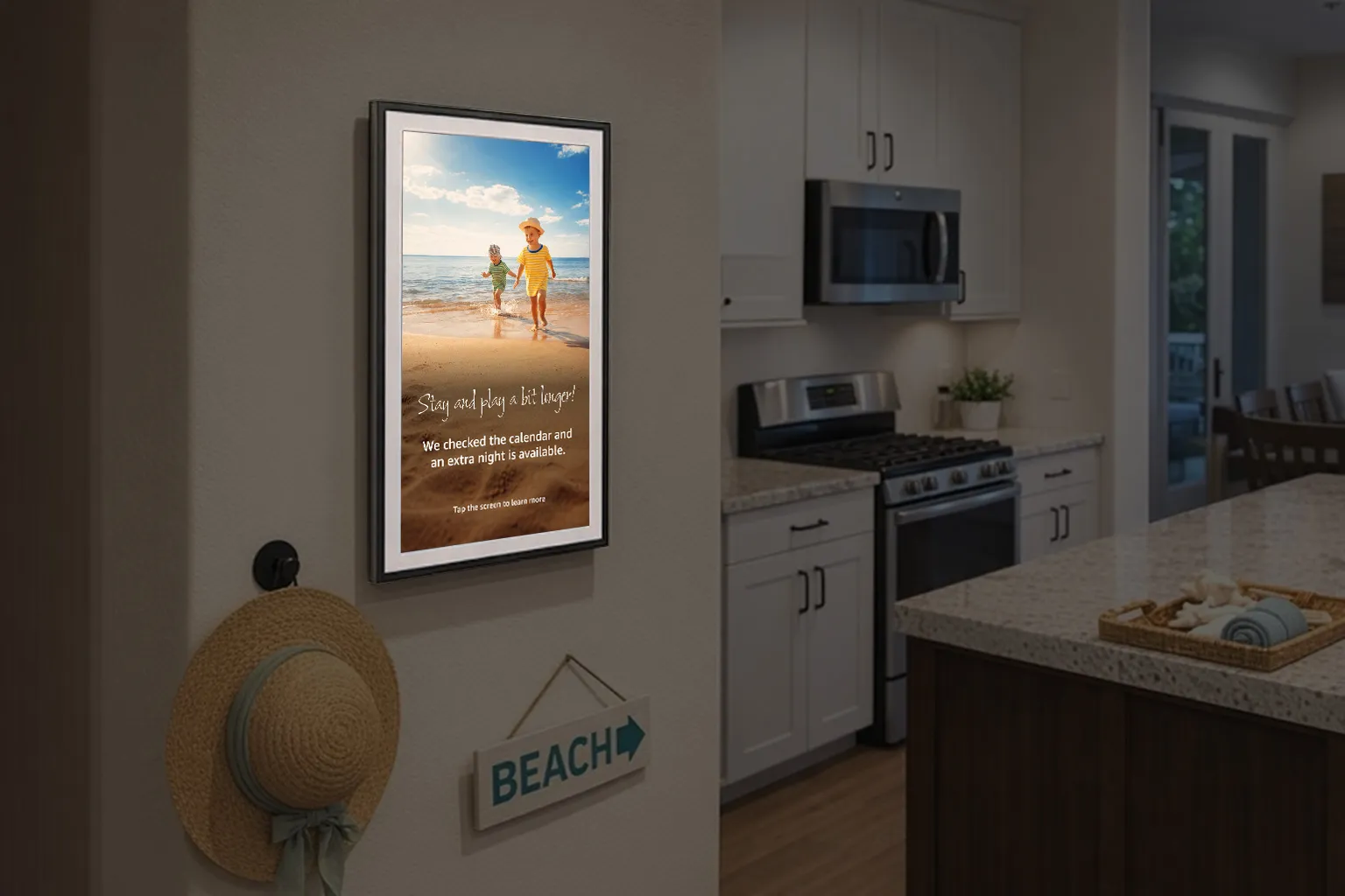 An Alexa device on the wall showing short-term rental hosts how the device can automatically provide offers to guests to extend their stay based on calendar availability through PMS integration.