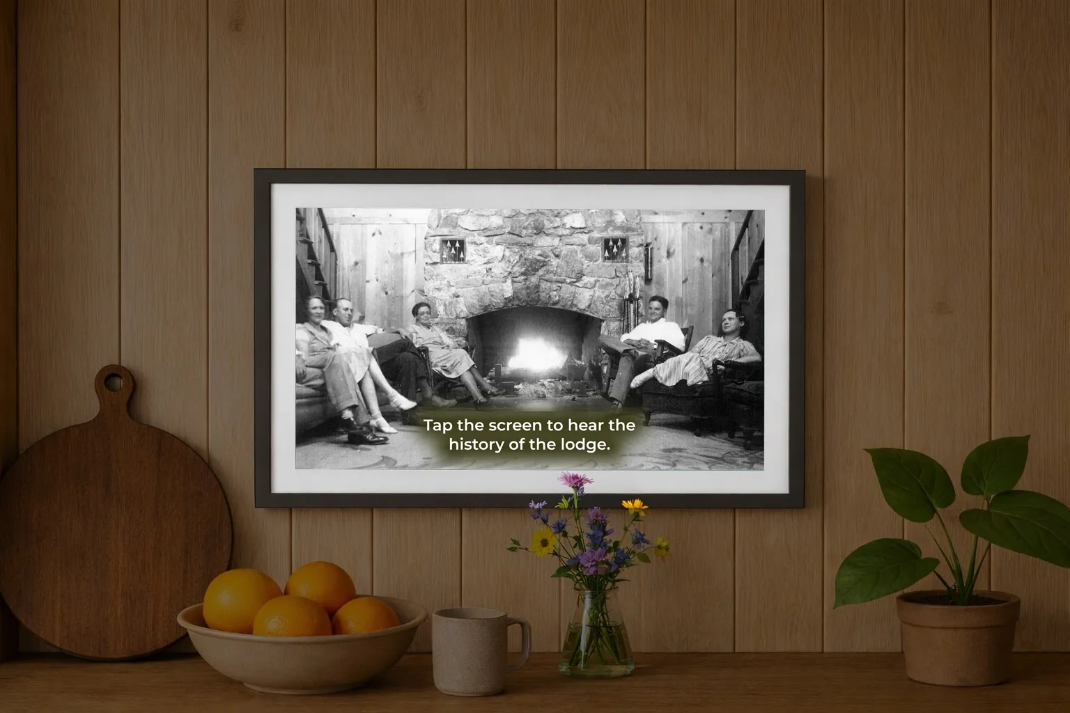 An Alexa device on the wall offering vacation rental guests information on the history of the place they are staying.