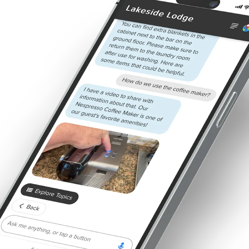 A mobile phone showing a conversation with the AIPEX Virtual Concierge where guests can get curated information from their host about the property and the surrounding area. 