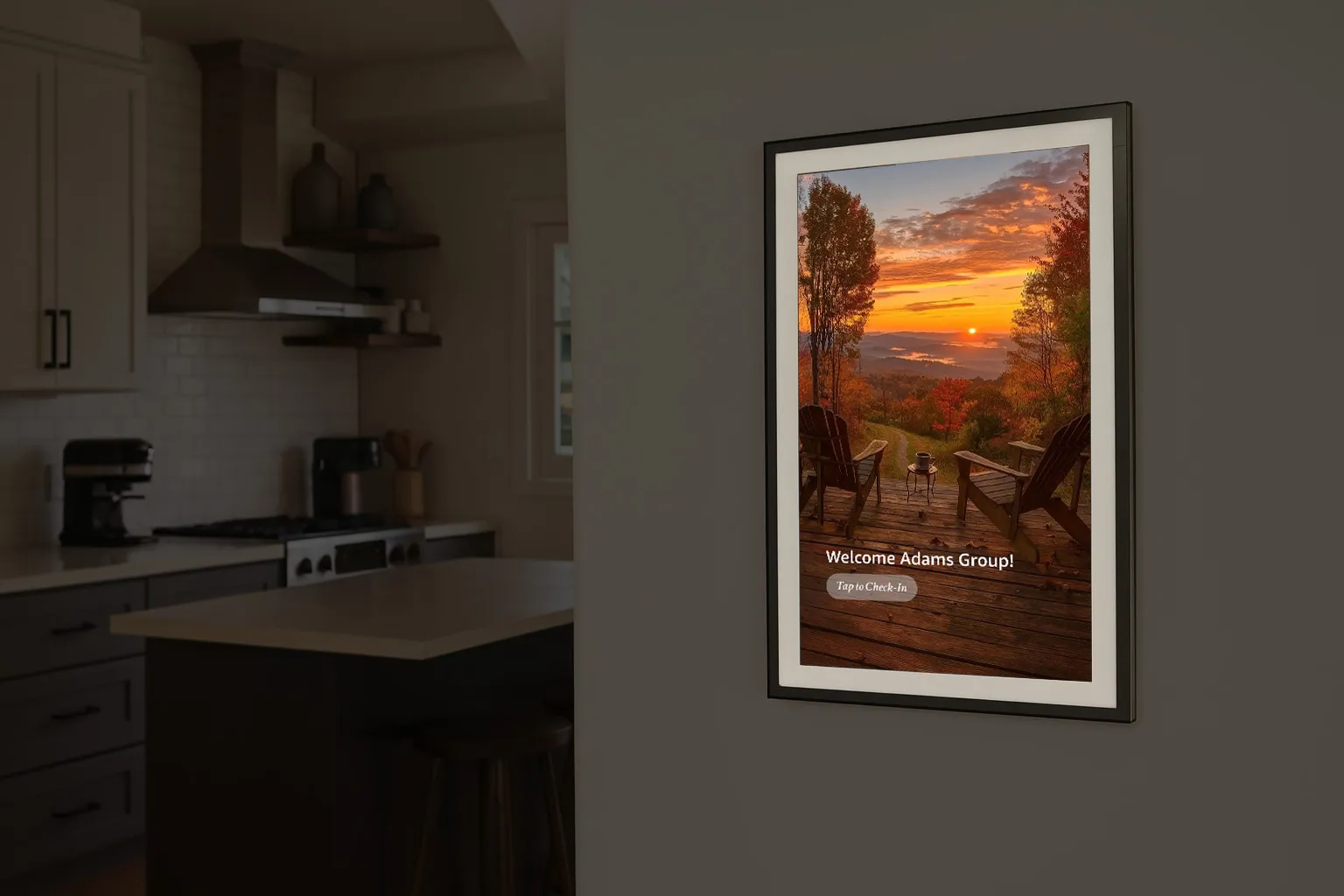 An Amazon Echo device on the wall allowing guests the ability to check-in using the screen.