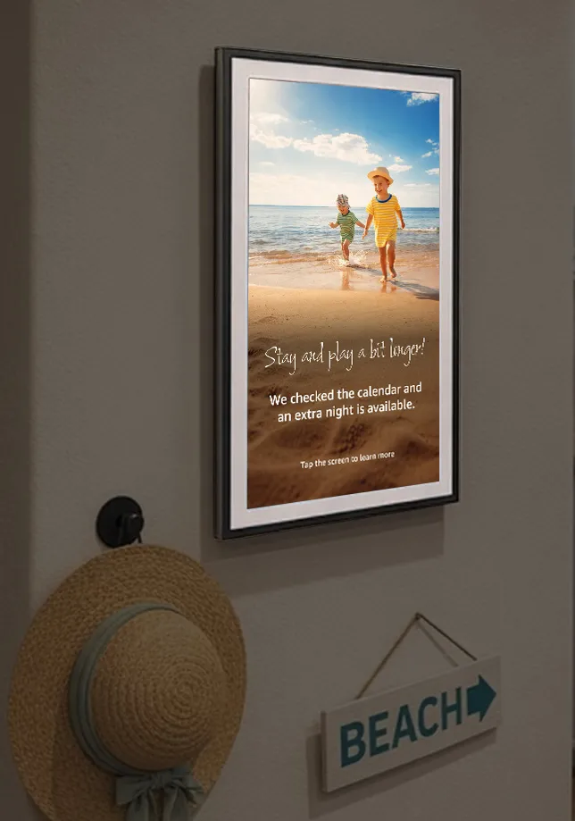 An Alexa device on the wall showing short-term rental hosts how the device can automatically provide offers to guests to extend their stay based on calendar availability through PMS integration.