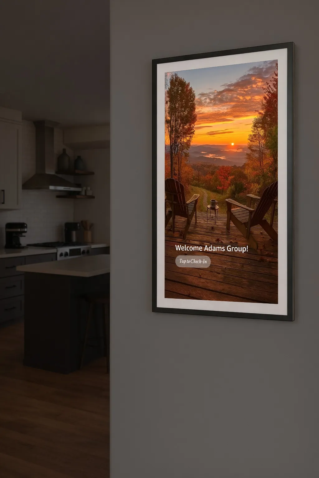 An Amazon Echo device on the wall allowing guests the ability to check-in using the screen.