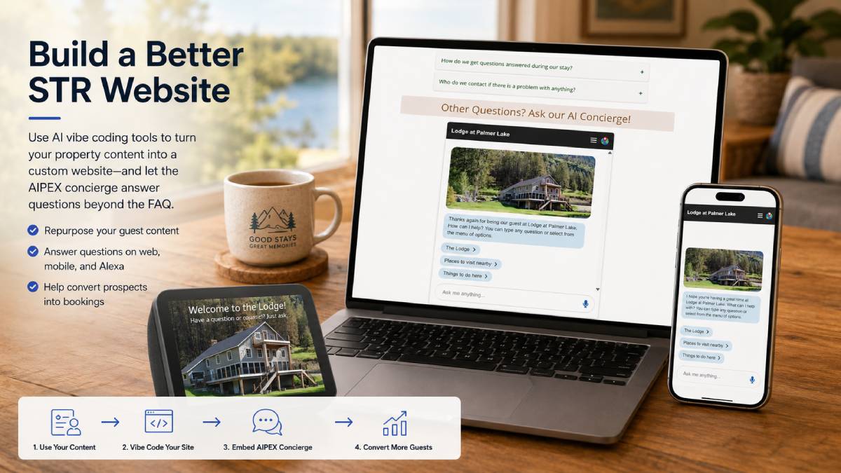 An Alexa device, laptop and mobile phone showing all the options available for guest interaction with AIPEX.