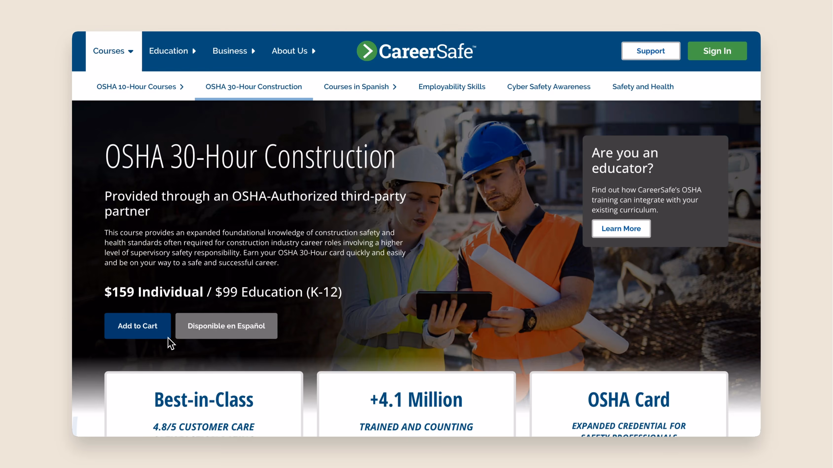CareerSafe OSHA 30-Hour Construction landing page