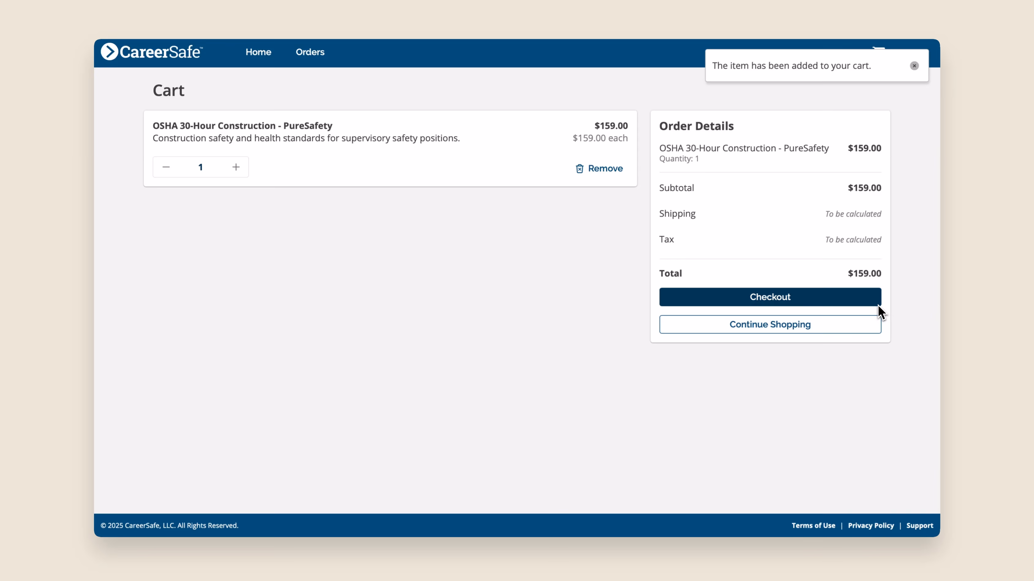 CareerSafe OSHA 30-Hour Construction in cart purchase page
