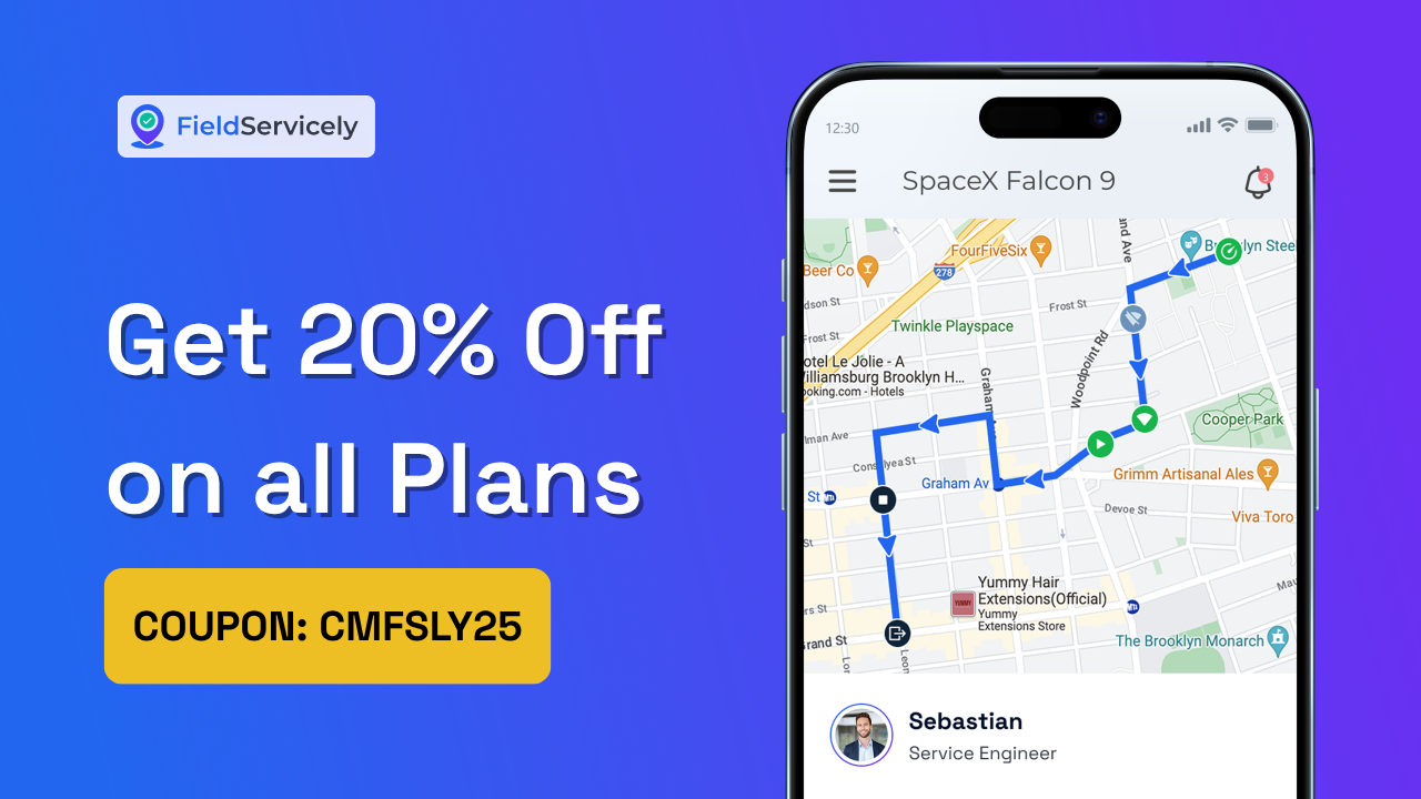 FieldServicely mobile app view on the right and text showing cyber monday deal 20% off