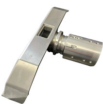 A metal component sample by KT Machining. It is a fully assembled swivel vacuum head, which makes vacuum cleaning easier.