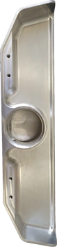 A metal component sample made by KT Machining. It is a tray with a screw threaded hole, which can be combined with other components to make a swivel vacuum head for easier vacuum cleaning.