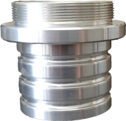A KT Machining sample component. It is a large, screwing head which can connect to other components to create a swivel vacuum head for easier vacuuming.