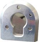 One of KT Machining's sample metal components created. It has a key shaped hole with circles around the key hole in an arch.