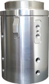 A metal component sample made by KT Machining. It is a cylinder with a large screw thread on top. It can be combined into a swivel vacuum head to make vacuum cleaning easier.