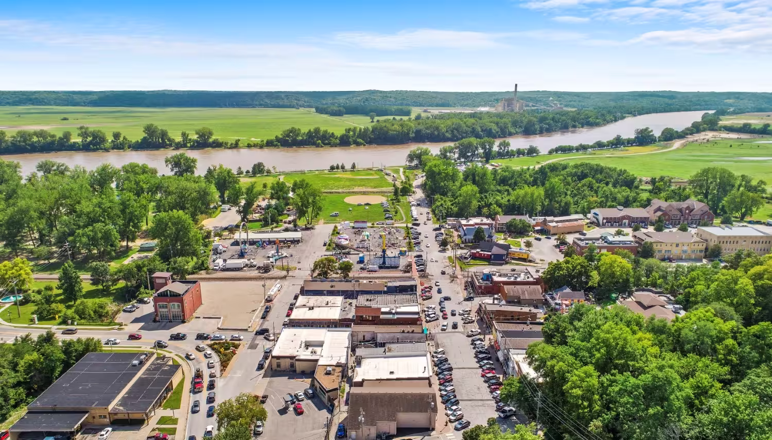 High angle aerial shot of downtown Parkville, MO