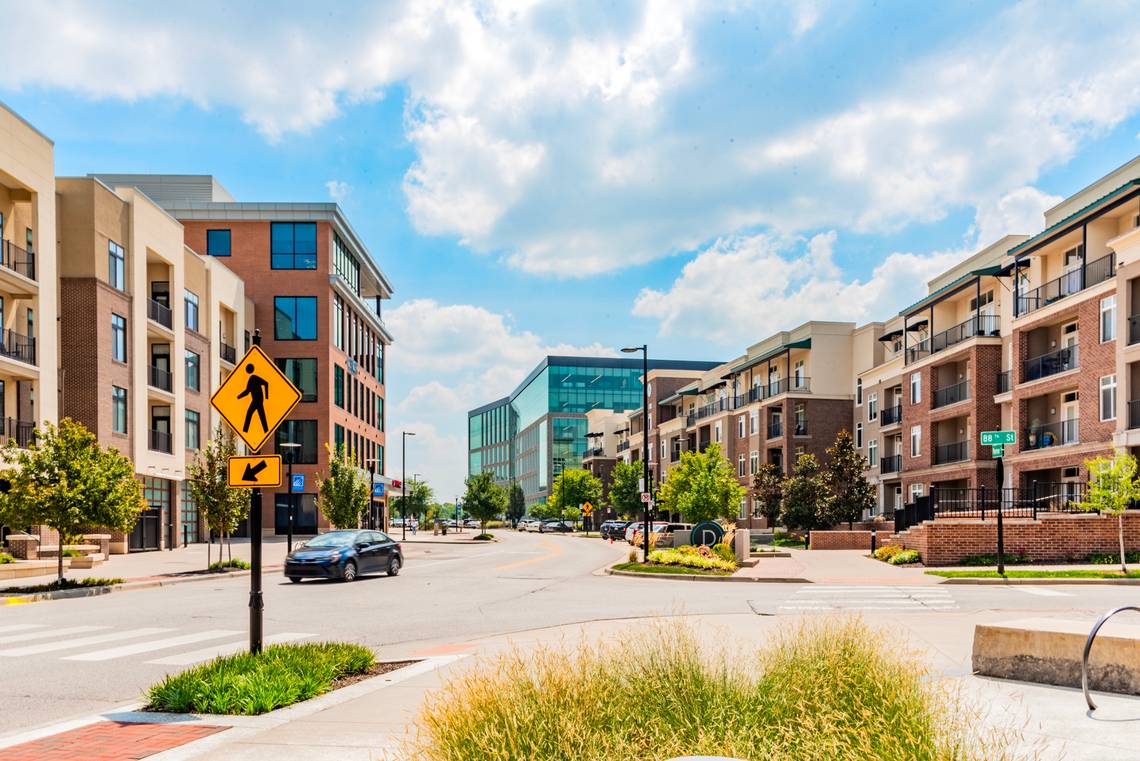 Lenexa, KS city center roads and buildings.