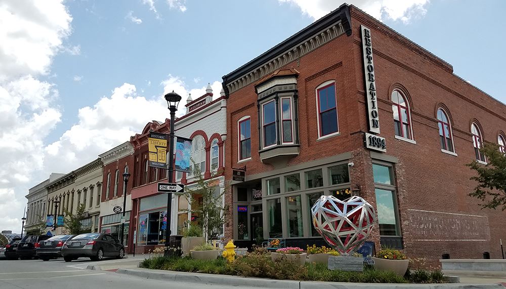 Low angle of buildings in downtown Liberty, MO