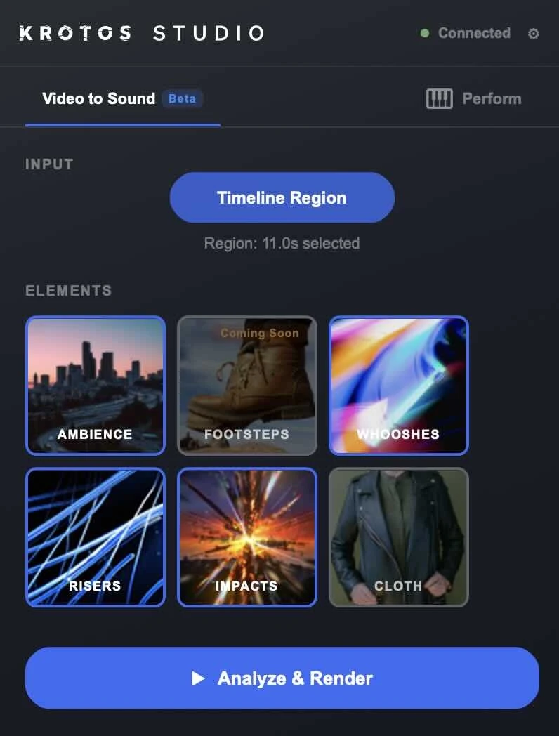 Krotos Studio panel elements with Analyze and Render