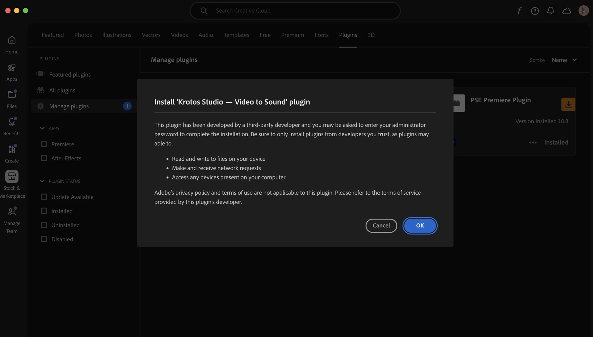Creative Cloud install confirmation dialog