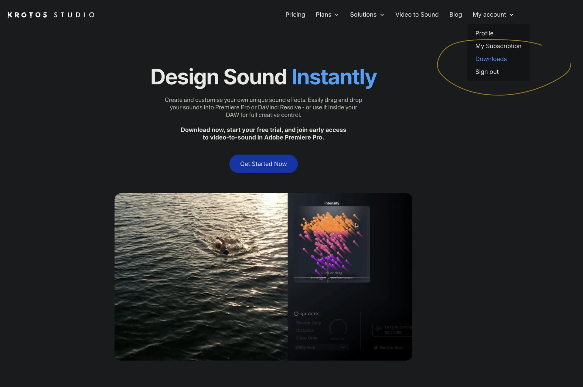 Krotos Studio account menu with Downloads selected