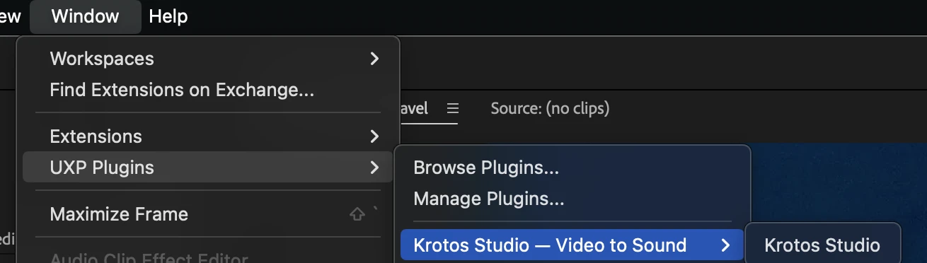 Premiere Window menu, UXP Plugins, Krotos Studio Video to Sound