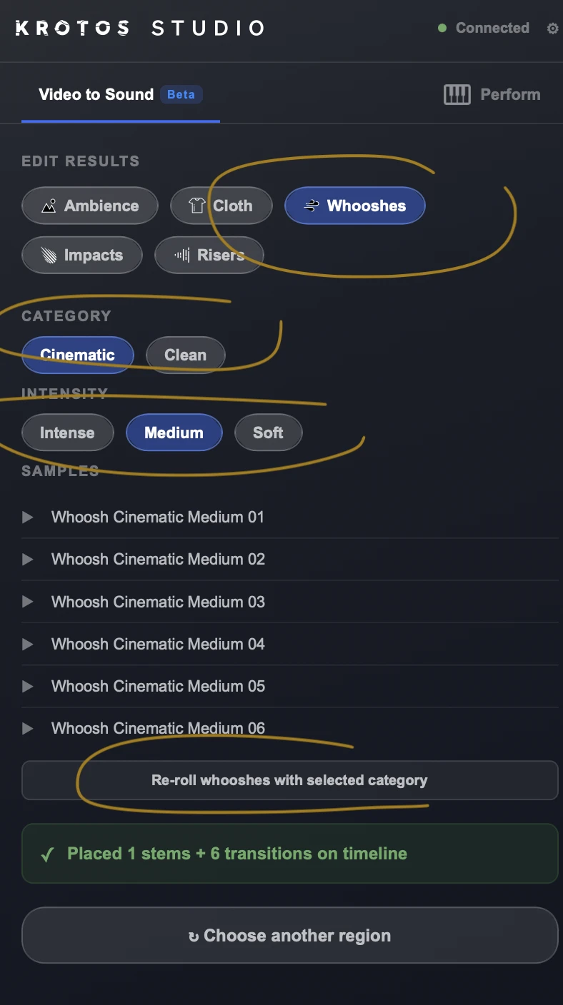 Edit Results screen, re-rolling whooshes by category and intensity
