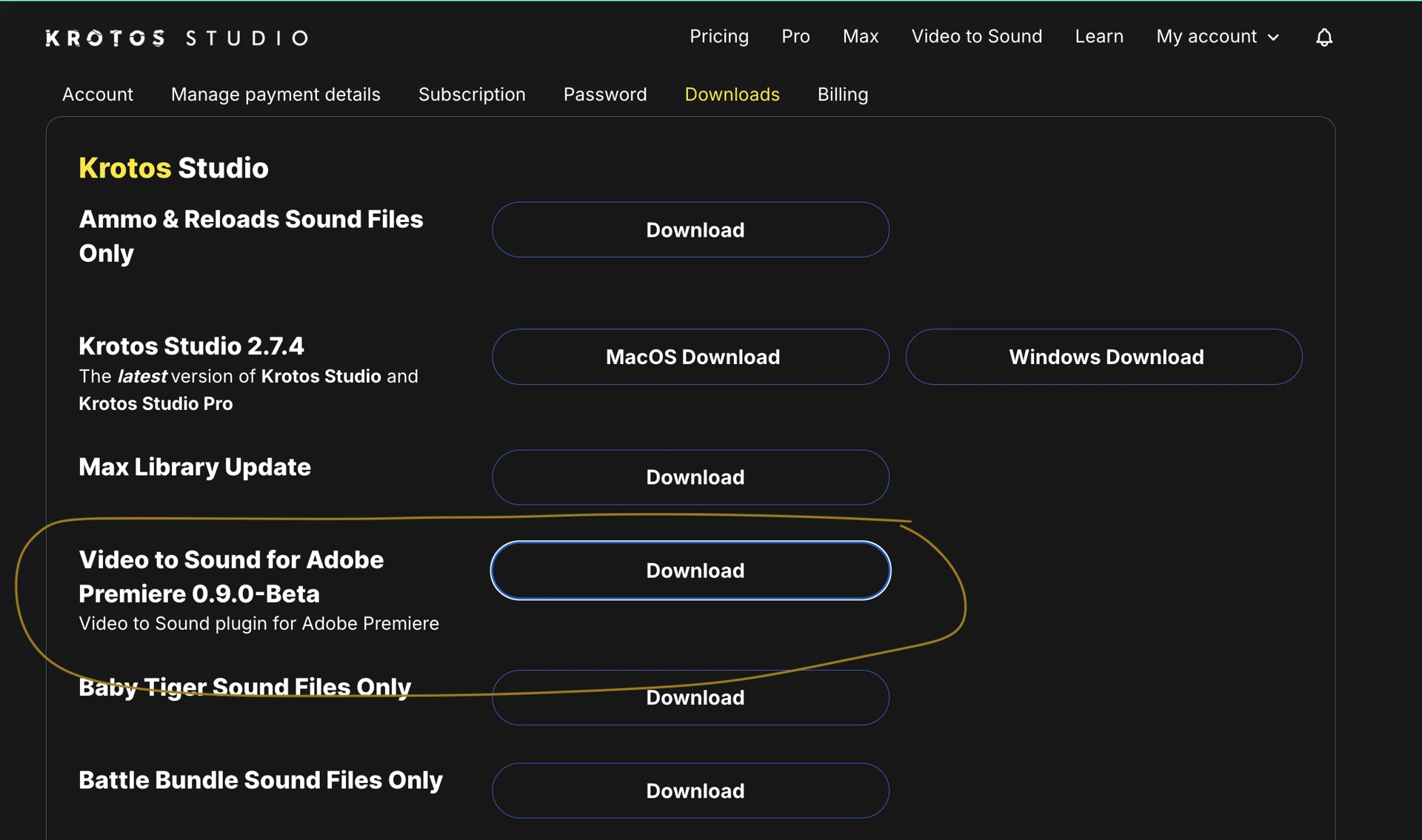 Downloads page showing the Video to Sound for Adobe Premiere Beta download button