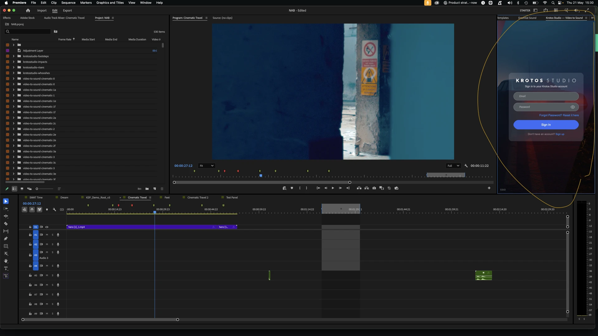 Krotos Studio login panel docked in Premiere