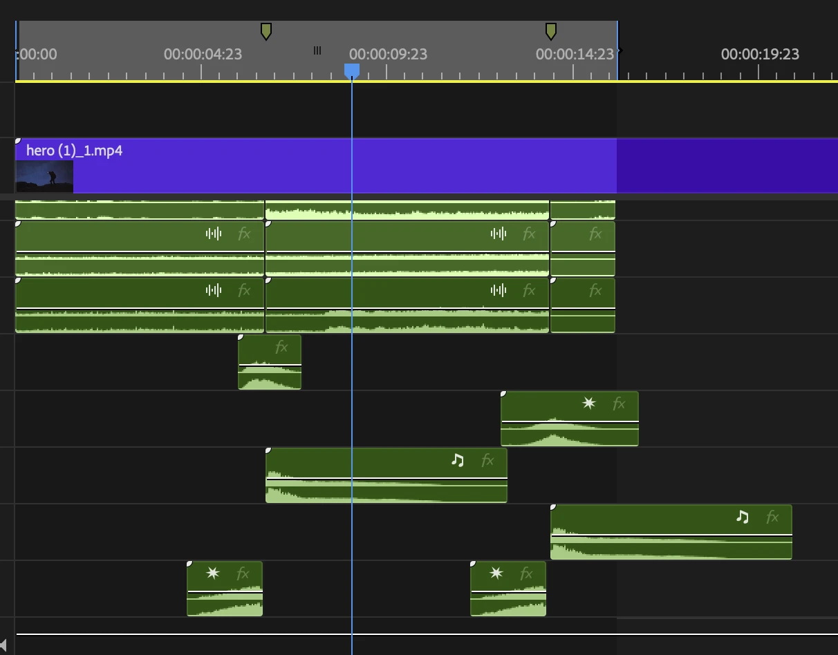 Sound effects placed across the Premiere timeline tracks