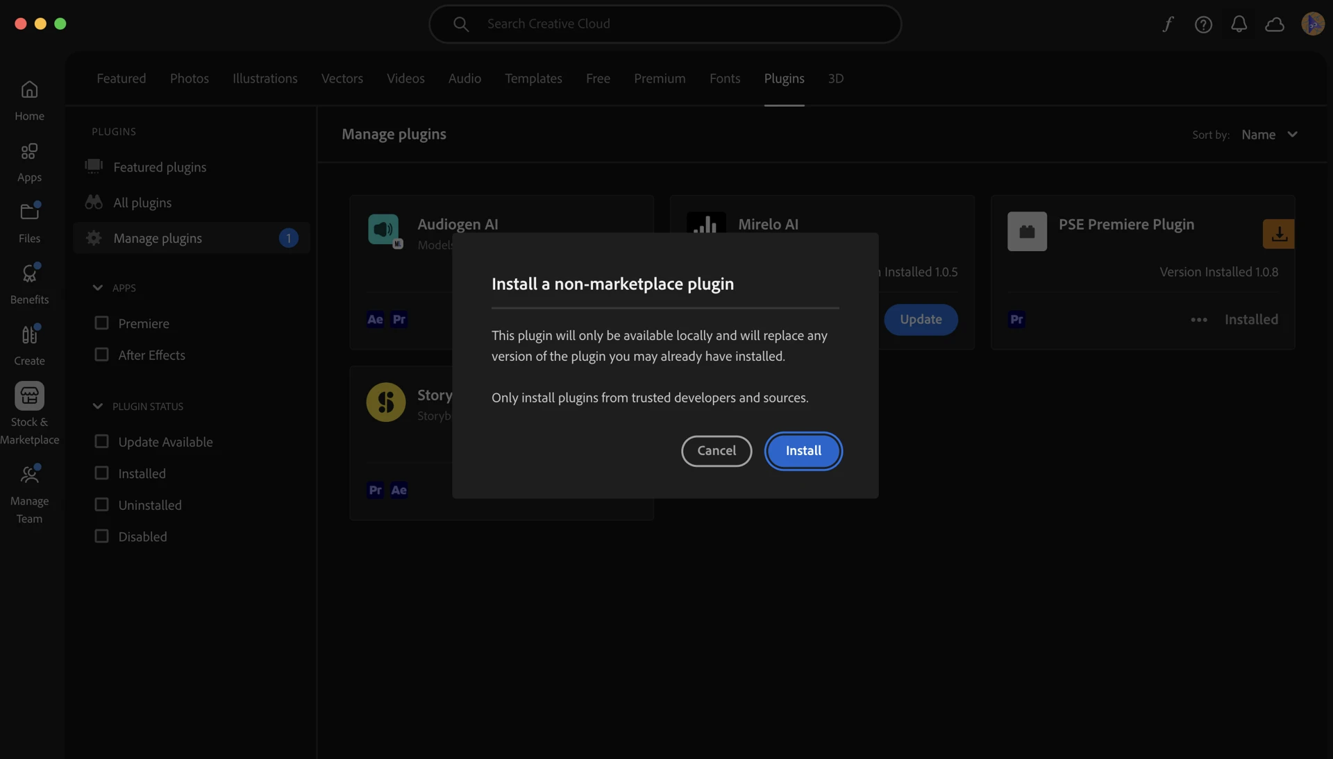 Creative Cloud install plugin dialog